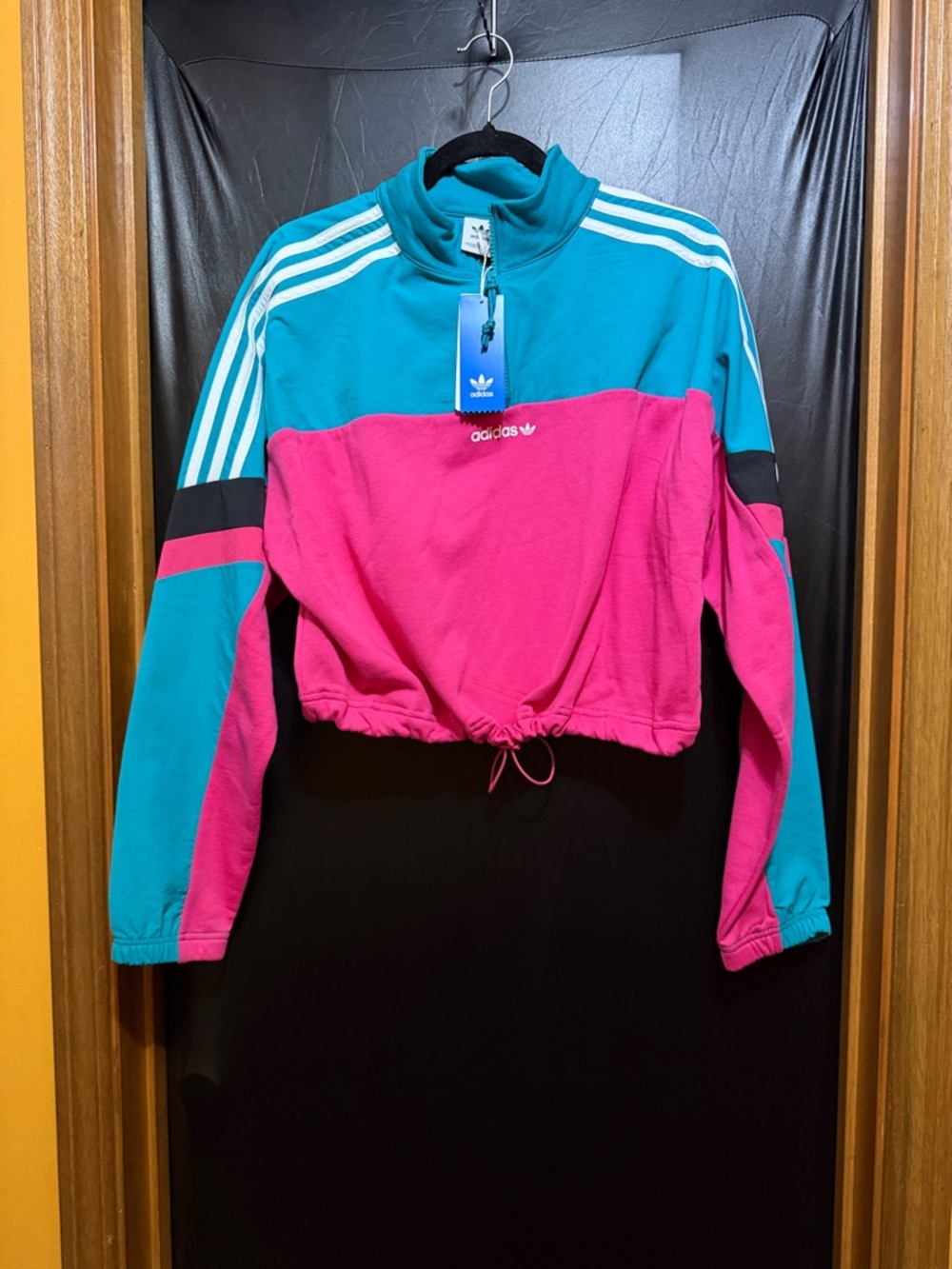 adidas Teal and Hot Pink Colorblock Cropped Pullover